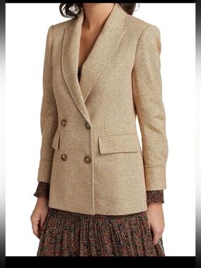 Veronica Beard Pyle Dicky Double-Breasted Tan Herringbone Blazer 8